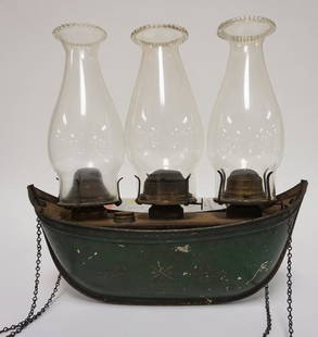 1870 TIN BOAT SHAPE TRIPLE HANGING LAMP: TIN BOAT SHAPED TRIPLE HANGING LAMP. MARKED CHICAGO WITH 1870 PATENT DATE. 14 IN WIDE