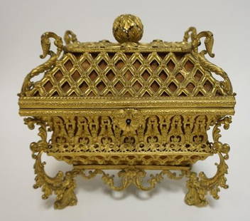 ANTIQUE BRASS VICTORIAN JEWELRY CASKET: ORNATE VICTORIAN BRASS JEWELRY CASKET WITH ORIGINAL SATIN LINER. HAS ORIGINAL KEY. 8 1/8 IN X 5 1/2 IN, 8 1/2 IN H