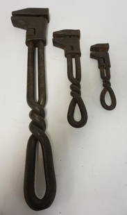 3 ANTIQUE IRON WRENCHES: GROUP OF 3 ANTIQUE IRON WRENCHES WITH TWIST HANDLES. POSSIBLY RAILROAD. LARGEST IS 21 IN