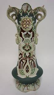 SATSUMA TALL VASE: SATSUMA VASE WITH RAISED ENAMEL. HAS A SMALL NICK ON INSIDE OF TOP RIM. 15 1/2 IN H