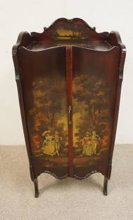 PAINT DECORATED MUSIC CABINET: PAINT DECORATED MUSIC CABINET WITH CARVED TRIM. SOME PAINT LOSS ON THE TOP SURFACE