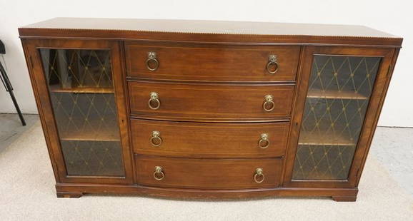 MAHOGANY DESK/SIDEBOARD, COLONIAL MFG: COLONIAL MFG CO MAHOGANY SIDEBOARD WITH DESK SECTION. HAS INLAY DECORATION, 3 DRAWERS, LION HEAD PULLS AND 2 GLASS DOORS