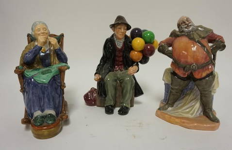 3 ROYAL DOULTON FIGURES: GROUP OF 3 ROYAL DOULTON FIGURES. THE BALLOON MAN, FALSTAFF AND A STITCH IN TIME. TALLEST 7 1/4 IN