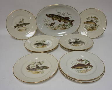 11 PC PORCELAIN FISH SET: JWK WESTERN GERMANY 11 PC FISH SET. PLATTER IS 14 7/8 IN X 10 1/2 IN. PLATES ARE 10 1/4 IN