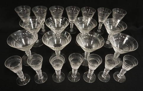 22 PC TIFFIN ATHLONE CUT STEMWARE: 22 PC TIFFIN ATHLONE CUT STEMWARE. SEVEN 5 1/4 IN GOBLETS, EIGHT 4 3/4 IN CHAMPAGNES AND SEVEN 4 1/4 IN GOBLETS