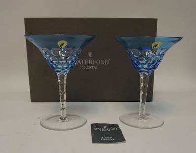 PR OF WATERFORD BLUE CUT TO CLEAR CHAMPAGNES: PAIR OF WATERFORD BLUE CUT TO CLEAR CHAMPAGNES WITH ORIGINAL FITTED BOX. 7 1/8 IN H