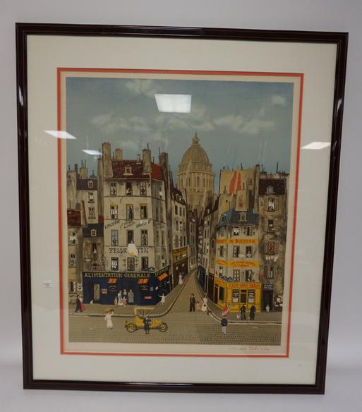 MICHEL DELACROIX STREET SCENE: MICHEL DELACROIX STREET SCENE PRINT PENCIL SIGNED E T MICHEL DELACROIX. IMAGE 21 IN X 25 1/2 IN