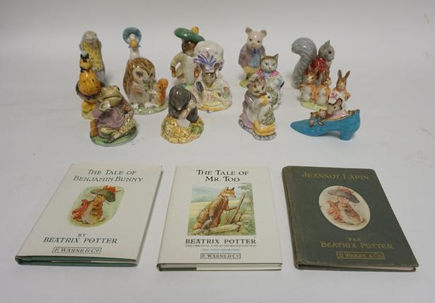 GRP OF 14 BESWICK BEATRIX POTTER FIGURES: GROUP OF 14 BESWICK BEATRIX POTTER FIGURES W/ THREE BOOKS, TALLEST IS 4 IN H
