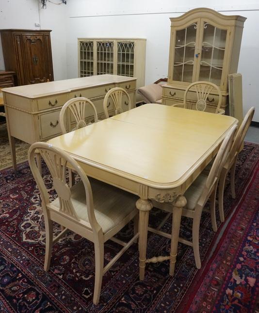 9 PC DINING ROOM SUITE: NINE PIECE DINING ROOM SUITE PAINTED WHITE, TABLE W/ THREE LEAVES, SIX CHAIRS, BUFFET, & CHINA CABINET