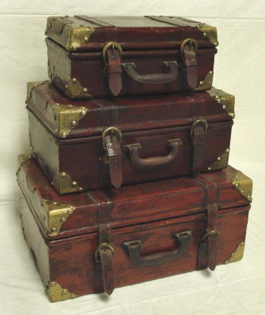 NEST OF 3 * LUGGAGE* DECORATIVE BOXES: NEST OF 3 * LUGGAGE* DECORATIVE BOXES, LARGEST IS 17 IN X 11 1/2 IN & 8 IN H