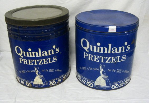 2 QUINLANS PRETZEL TINS, ONE W/PAPER LABEL & GLAS