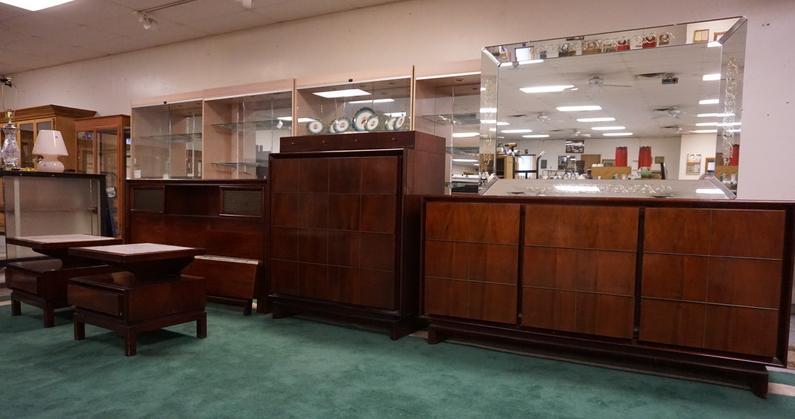 5 PC WALNUT BEDROOM SET W/ BRONZE INSET BANDING ON DRW: FIVE PIECE WALNUT BEDROOM SET W/ BRONZE INSET BANDING ON DRAWER FRONTS, TWO END TABLES HAVE MARBLE TOPS
