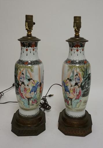PR OF HP VASES LAMPED: PAIR OF HAND PAINTED VASES LAMPED, MIRROR IMAGE OF PAINTINGS OF WOMEN & CHILDREN, CHARACTER SIGNED ON THE REVERSE, TOTAL HEIGHT 20 1/2 IN