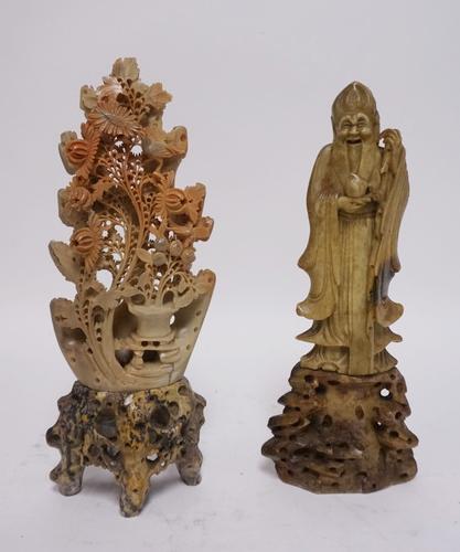 2 SOAPSTONE CARVINGS: TWO SOAPSTONE CARVINGS ONE OF A MAN AND ONE W/ AN INTRICATE FLORAL DESIGN, TALLEST IS 12 IN H
