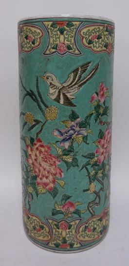 ASIAN UMBRELLA STAND: ASIAN UMBRELLA STAND HAND PAINTED W/ BIRDS & FLOWERS CHARACTER SIGNED, 19 IN H