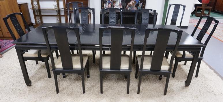 CENTURY EBONIZED CHINESE CHIPPENDALE DINING ROOM: CENTURY 12 PIECE EBONIZED CHINESE CHIPPENDALE DINING ROOM, TABLE W/ TWO LEAVES, SIDE BOARD & 10 CHAIRS, SOME SEATS HAVE STAINED UPHOLSTERY
