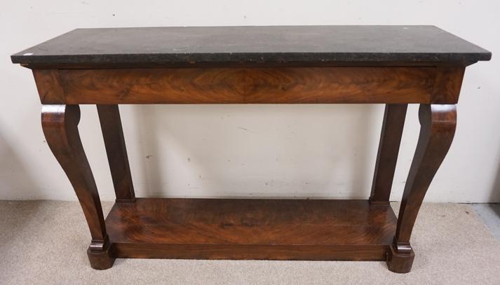 1 DRW MARBLE TOP CONSOLE: MAHOGANY ONE DRAWER CONSOLE TABLE W/ DARK MARBLE TOP HAS SOME CHIPS ON THE BACK OF THE TOP