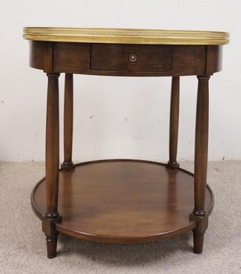 MCLAIN WIESAND ROUND MAHOGANY TWO TIER TABLE: MCLAIN WIESAND ROUND MAHOGANY TWO TIER TABLE HAS A GLASS TOP, PIERCED BRASS GALLERY ONE DRAWER & TWO PULL OUT SURFACES