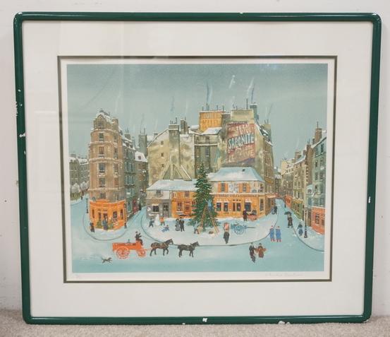 MICHEL DELACROIX LIM ED PRINT: MICHEL DELACROIX LIM ED PRINT WINTER STREET SCENE, 76/150 FRAME HAS SOME PAINT LOSS, PENCIL SIGNED LOWER RIGHT, OVERALL DIMENSIONS 32 3/4 IN X 28 1/2 IN