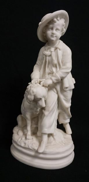 PARIAN FIGURE OF A BOY & HIS DOG: PARIAN FIGURE OF A BOY & HIS DOG, 11 1/2 IN H