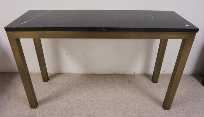 CRATE AND BARREL METAL BASE TABLE WITH HARD SURFACE: CRATE AND BARREL METAL BASE TABLE WITH HARD TOP.