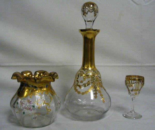 BLOWN, ENAMELED DECANTER, WINE & ROSE BOWL; DECANTE