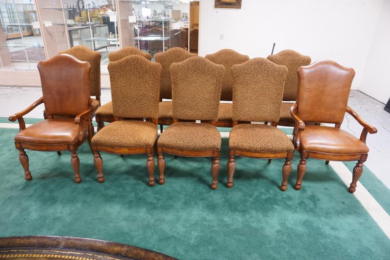 SET OF 10 UPHOISTERED DINING CHAIRS. HICKORY WHITE: SET OF 10 HICKORY WHITE UPHOLSTERED DINING CHAIRS WITH TWIST LEGS. 2 ARM, 8 SIDE. ARM CHAIRS ARE LEATHER