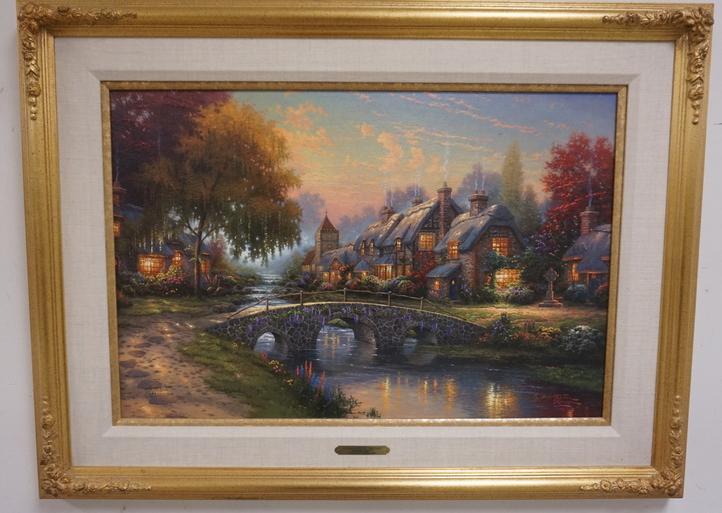 THOMAS KINKADE STUDIO PROOF ON CANVAS: THOMAS KINKADE STUDIO PRINT ON CANVAS. *COBBLESTONE BRIDGE* 56 OF 120. 2000L IMAGE 18 IN X 27 IN. COMES WITH CERTIFICATE OF AUTHENTICITY STUDIO PROOF ON VERSO.