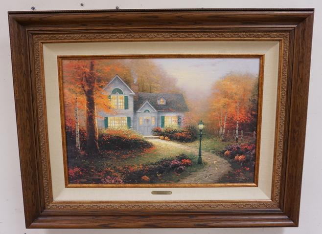 THOMAS KINKADE STUDIO PROOF ON CANVAS: THOMAS KINKADE STUDIO PROOF ON CANVAS. *BLESSING OF THE SEASONS I BLESSINGS OF AUTUMN* 57 OF 95. 1993 IMAGE SIZE 18 IN X 27 IN CERTIFICATE OF AUTHENTICITY