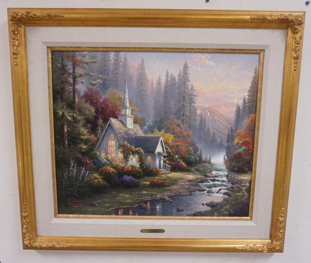 THOMAS KINKADE R/E ON CANVAS- CHARTER: THOMAS KINKADE STUDIO R/E ON CANVAS-CHARTER. *FOREST CHAPEL, CHAPELS OF NATURE II* 181 OF 240. 1999. IMAGE SIZE 20 IN X 24 IN. CERTIFICATE OF AUTHENTICITY