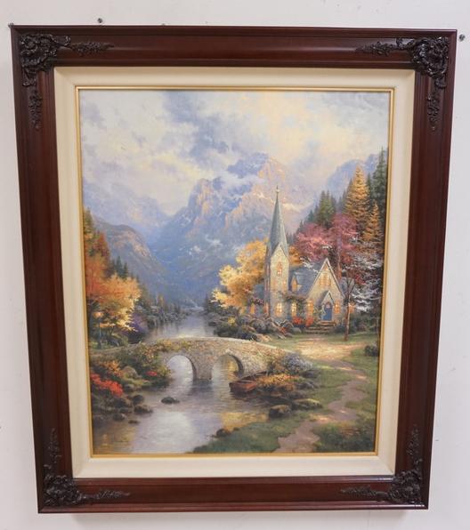 THOMAS KINKADE R/E ON CANVAS: THOMAS KINKADE R/E ON CANVAS *THE MOUNTAIN CHAPEL, CHAPELS OF NATURE 1* 53 OF 480. 1998 IMAGE SIZE 30 IN X 24 IN. CERTIFICATE OF AUTHENTICITY