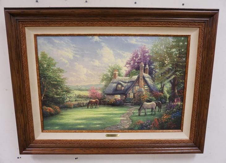 THOMAS KINKADE STUDIO PROOF ON CANVAS: THOMAS KINKADE STUDIO PROOF ON CANVAS. *PERFECT SUMMER DAY* 3 OF 120. 2001 IMAGE SIZE 42 IN X 36 IN CERTIFICATE OF AUTHENTICITY STUDIO PROOF ON VERSO