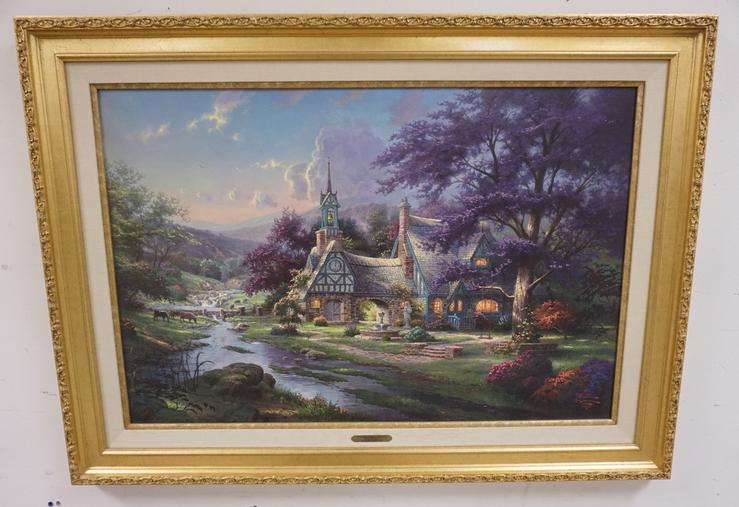 THOMAS KINKADE R/E ON CANVAS: THOMAS KINKADE R/E ON CANVAS *CLOCK TOWER COTTAGE, STREAMS OF TIME 1* 61 OF 320. 2001. IMAGE SIZE IS 24 IN X 36 IN CERTIFICATE OF AUTHENTICITY