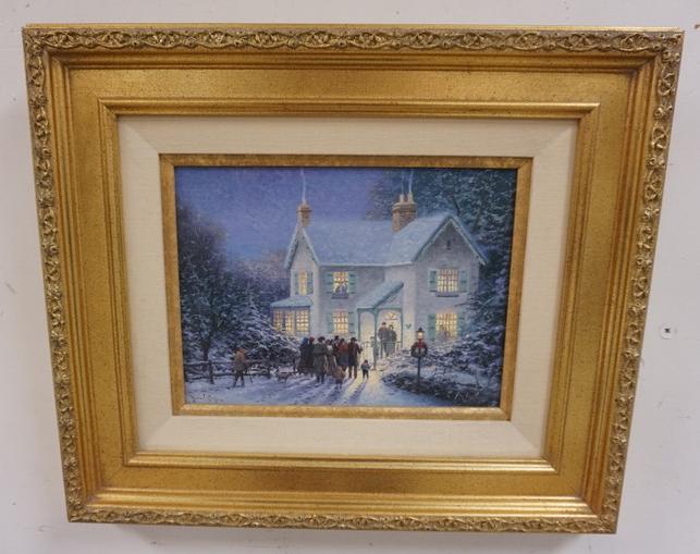 THOMAS KINKADE PUBLISHERS PROOF ON CANVAS: THOMAS KINKADE PUBLISHERS PROOF ON CANVAS *EVENING CAROLERS* 99 OF 100. 2000 IMAGE SIZE IS 9 IN X 12 IN. CERTIFICATE OF AUTHENTICITY