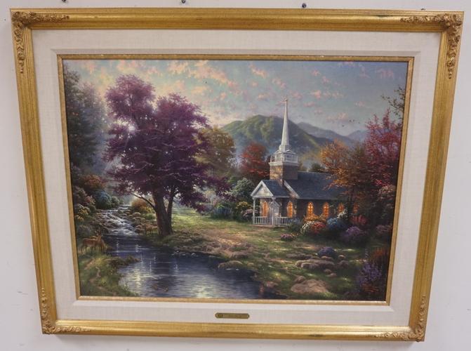 THOMAS KINKADE STUDIO PROOF ON CANVAS: THOMAS KINKADE STUDIO PROOF ON CANVAS *STREAMS OF LIVING WATER* 6 OF 120. 2000 IMAGE SIZE IS 25 1/2 IN X 34 IN. STUDIO PROOF ON VERSO