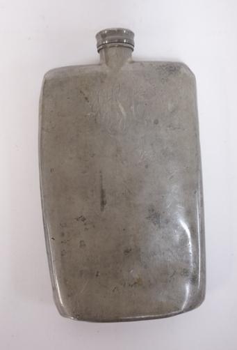 WILLIAM A. SHEAS PEWTER FLASK: PEWTER FLASK THAT WILLIAM A. SHEA CARRIED EVERYWHERE, FLASK IS MONOGRAMMED W/ HIS INITIALS & MARKED ABERCROMBIE & FITCH CO NEW YORK MADE IN ENGLAND, ALSO HAS HALLMARKS & NUMBERED 71-120 E, 7 1/2 IN L