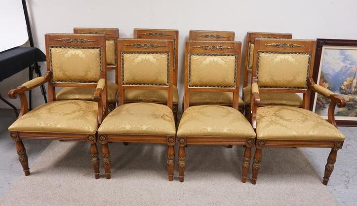 SET OF 8 HENREDON DINING CHAIRS: SET OF EIGHT HENREDON DINING CHAIRS, TWO ARMS, SIX SIDES, BRASS MOUNT, UPHOLSTERED SEASONED BACKS, FOUR CHAIRS HAVE STAINING ON THE SEAT