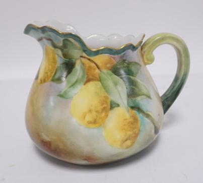 HP T & V LIMOGES PITCHER: T & V LIMOGES HAND PAINTED PITCHER W/ LEMONS, 5 1/2 IN H