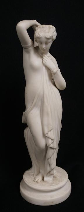 PARIAN STATUE OF A WOMAN: PARIAN STATUE OF A SEMI NUDE WOMAN, 12 IN H