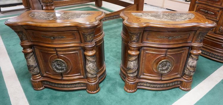 2 MARBLE AICO INSET NIGHTSTANDS BY MICHAEL AMINI: TWO AICO MARBLE INSET NIGHTSTANDS, ONE DRAWER FOUR DOOR, BOTH HAVE PULL OUT SLIDE UNDERNEATH THE TOP, BY MICHAEL AMINI