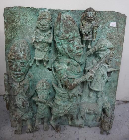 AFRICAN BRONZE PLAQUE W/ HIGH RELIEF FIGURES: AFRICAN BRONZE PLAQUE W/ HIGH RELIEF FIGURES, 17 1/4 IN X 21 IN