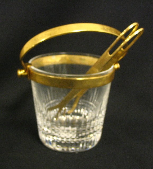 SIGNED BACCARAT CRYSTAL ICE BUCKET; HAS BRASS COL: SIGNED BACCARAT CRYSTAL ICE BUCKET; HAS BRASS COLLAR, HANDLE & TONGS; 4 3/8 IN H EXCLUDING HANDLE; 4 1/4 IN DIA