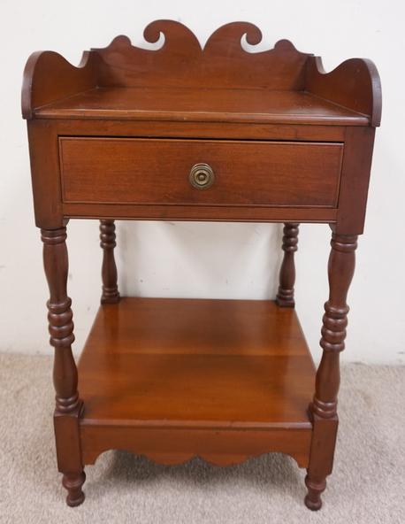 MAHOGANY ONE DRW WASHSTAND: MAGOGANY ONE DRAWER WASHSTAND WITH LOWER SHELF AND SCULPTED GALLERY.