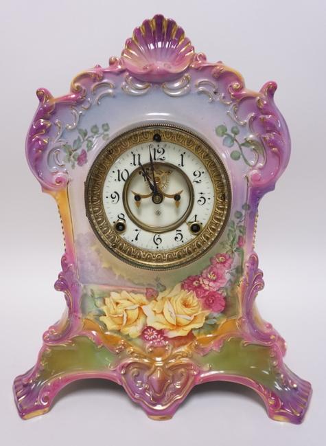 ROYAL BONN CHINA CLOCK: ROYAL BONN CHINA CLOCK. LA FLORIDE GERMAN. 15 IN HIGH, 13 1/2 IN WIDE AND 6 IN DEEP.