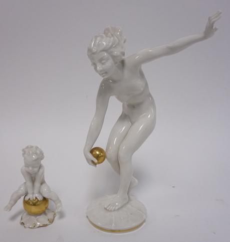 2 HUTCHENREUTHER PORCELAIN FIGURES, TUTTER: 2 HUTCHENREUTHER PORCELAIN FIGURES, A WOMAN AND A CHILD WITH GOLD TRIM. SIGNED K TUTTER. TALLEST 9 3/4 IN.