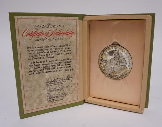 VINTAGE BOY SCOUTS STERLING SILVER 50TH YR MEDALLION: BOY SCOUTS STERLING SILVER 50TH YEAR MEDALLION, ORIGINAL ARTWORK BY DANIEL B BEARD, 1.68 TROY OZ