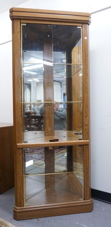 CORNER DISPLAY CABINET: CORNER DISPLAY CABINET HAS MIRROR BACK GLASS SHELVES & LIGHTING