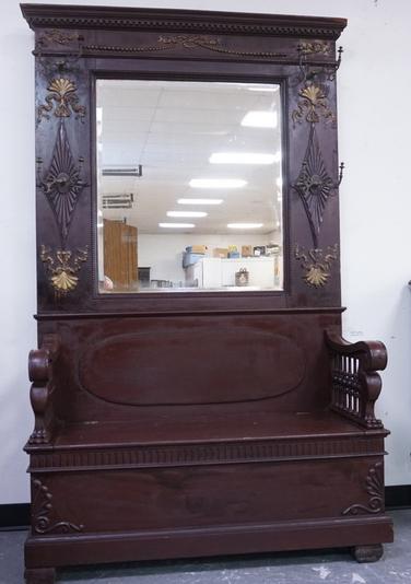 LARGE MIRROR BACK HALL RACK: LARGE MIRROR BACK HALL RACK, HAS BEVELED MIRROR & LIFT SEAT & STICK & BALL SPINDLES, VENEER BUBBLE ON THE SEAT
