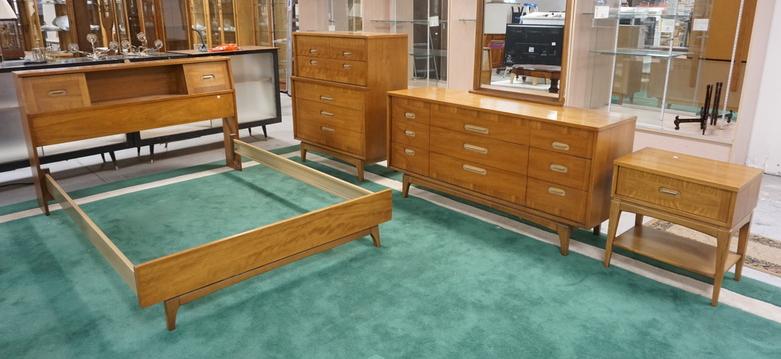 KENT COFFEY MCM FOUR PIECE BEDROOM SET, FOCUS: KENT COFFEY FOUR PIECE BEDROOM, FULL SIZE BED W/ SLIDING DOOR HEADBOARD, FIVE DRAWER HIGH CHEST, NINE DRAWER LOW CHEST W/ MIRROR & A ONE DRAWER NIGHT STAND, TABS NEED TO BE REPLACED ON HEADBOARD SLIDI