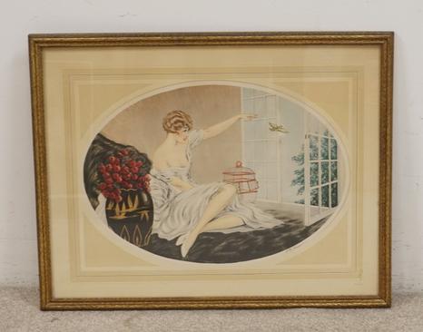 F G HENRI ART DECO PRINT: F G HENRI ART DECO PRINT, WOMAN & A BIRD IN FLIGHT OVERALL DIMENSIONS 27 1/2 IN X 21 1/2 IN